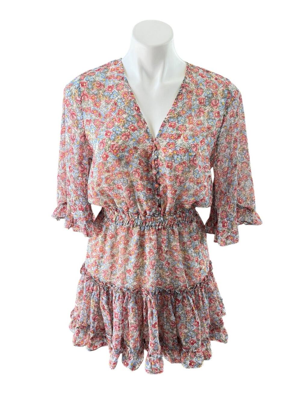 Buddy Love Floral Ruffle Mini Dress Pink Blue Metallic Small